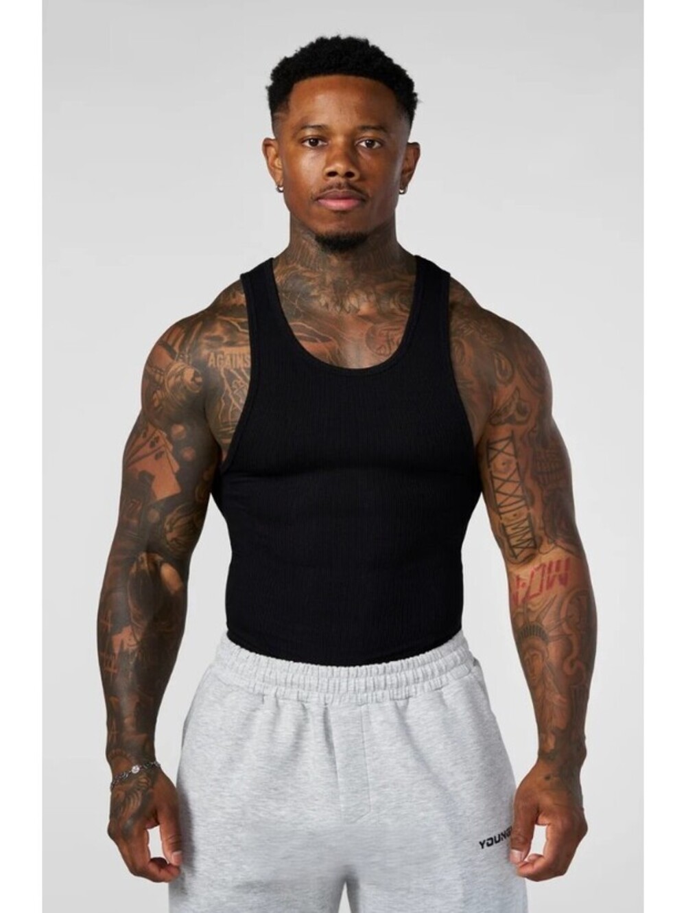 YoungLA Mens M Black Wife Lover Ribbed Tank Top Model 340 Fitness Gym Shirt
